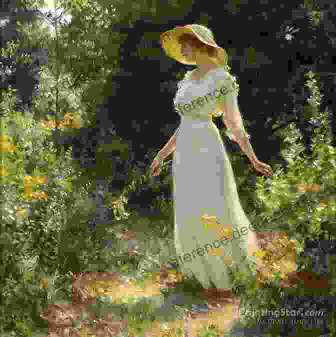 A Painting Of A Woman Standing In A Field, Her Back To The Viewer. She Is Wearing A Long White Dress And Has Long, Flowing Hair. The Sky Behind Her Is A Pale Blue With Streaks Of Orange And Yellow. The Lady Has A Past